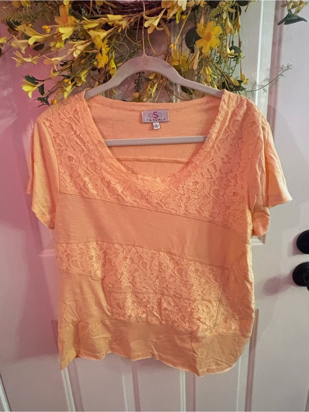 OSO Casuals Peach Lace-Panel Short Sleeve Tee